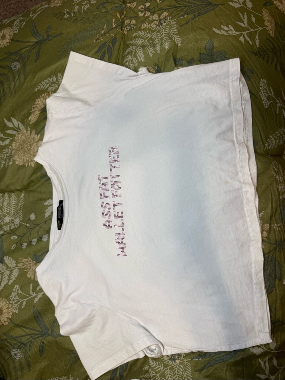 Women White Graphic Tee with Pink Rhinestone Text